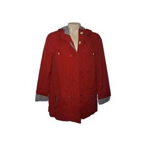 Tommy Hilfiger Red Raincoat Hooded Jacket Stripe Trim Pockets Vintage Logo luxur
